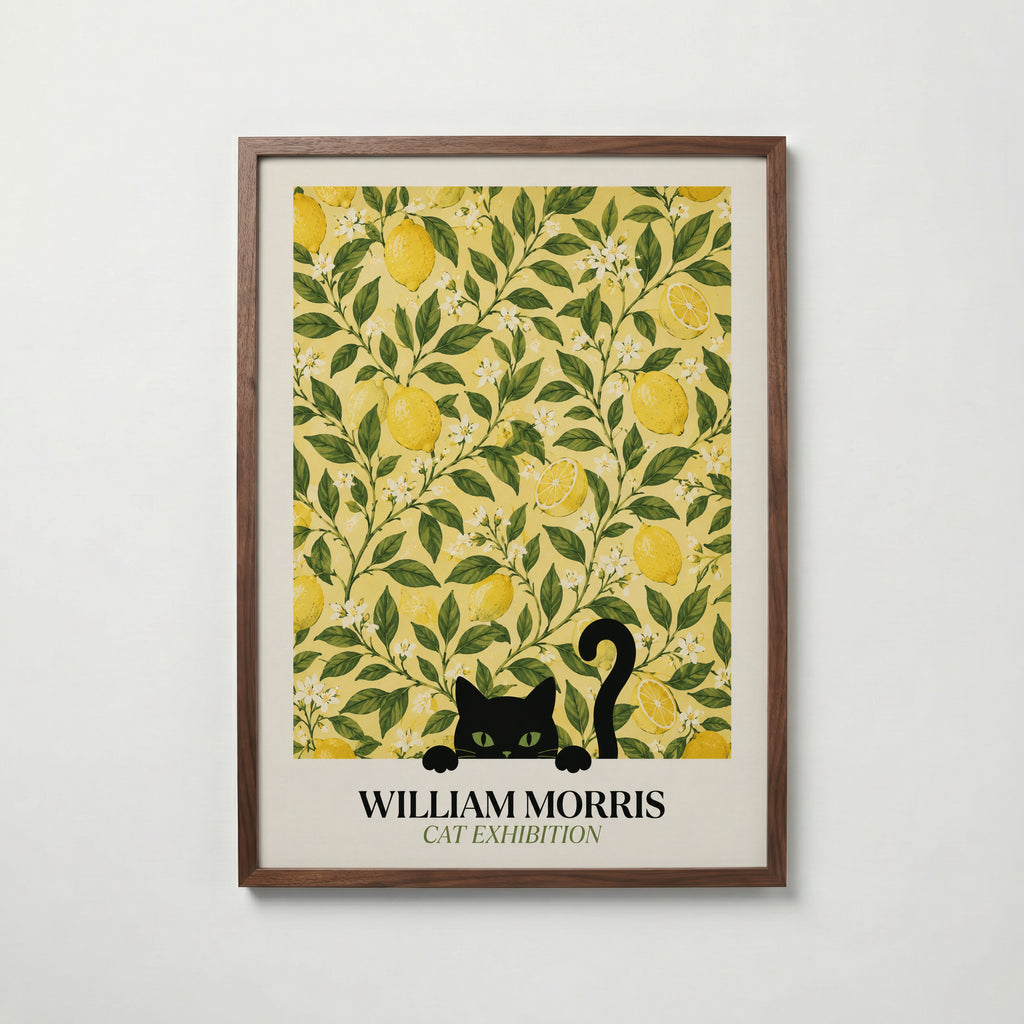 Cat in the Lemon Grove William Morris Poster – svart katt bland William Morris citronträdsmönster i gult