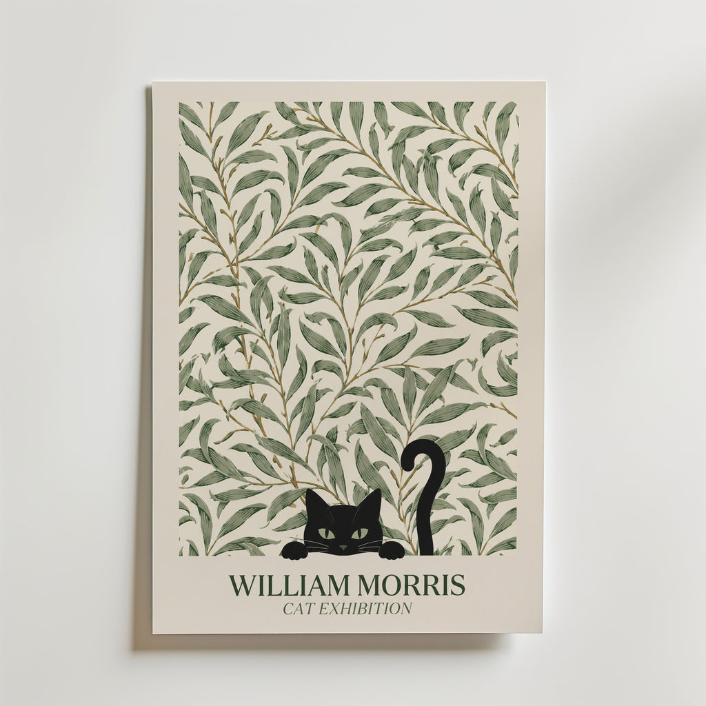 Cat in the Willow Bough William Morris Poster – svart katt i William Morris pilkvistmönster i kräm och grönt