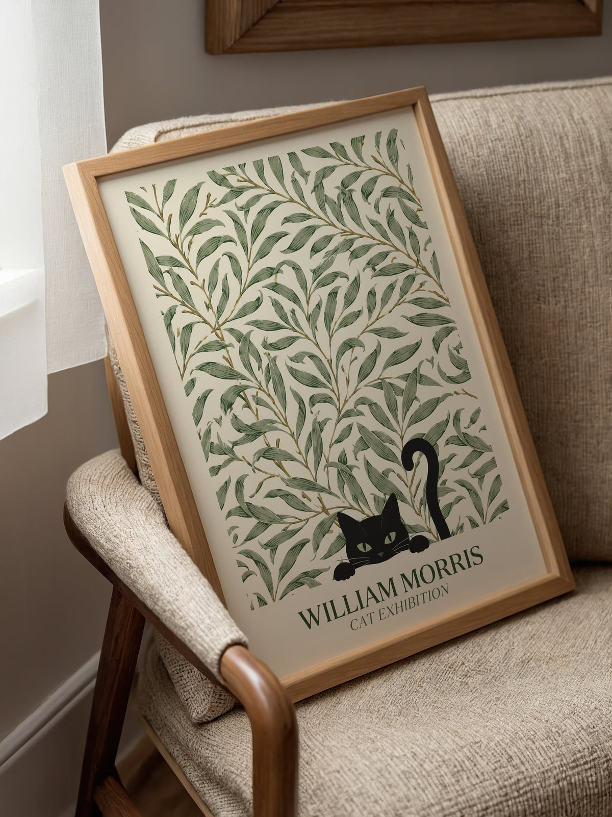 Cat in the Willow Bough William Morris Poster – svart katt i William Morris pilkvistmönster i kräm och grönt