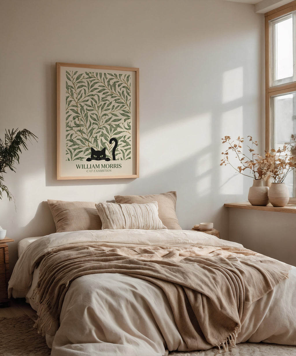 Cat in the Willow Bough William Morris Poster – svart katt i William Morris pilkvistmönster i kräm och grönt