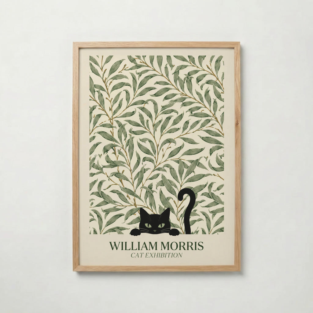 Cat in the Willow Bough William Morris Poster – svart katt i William Morris pilkvistmönster i kräm och grönt