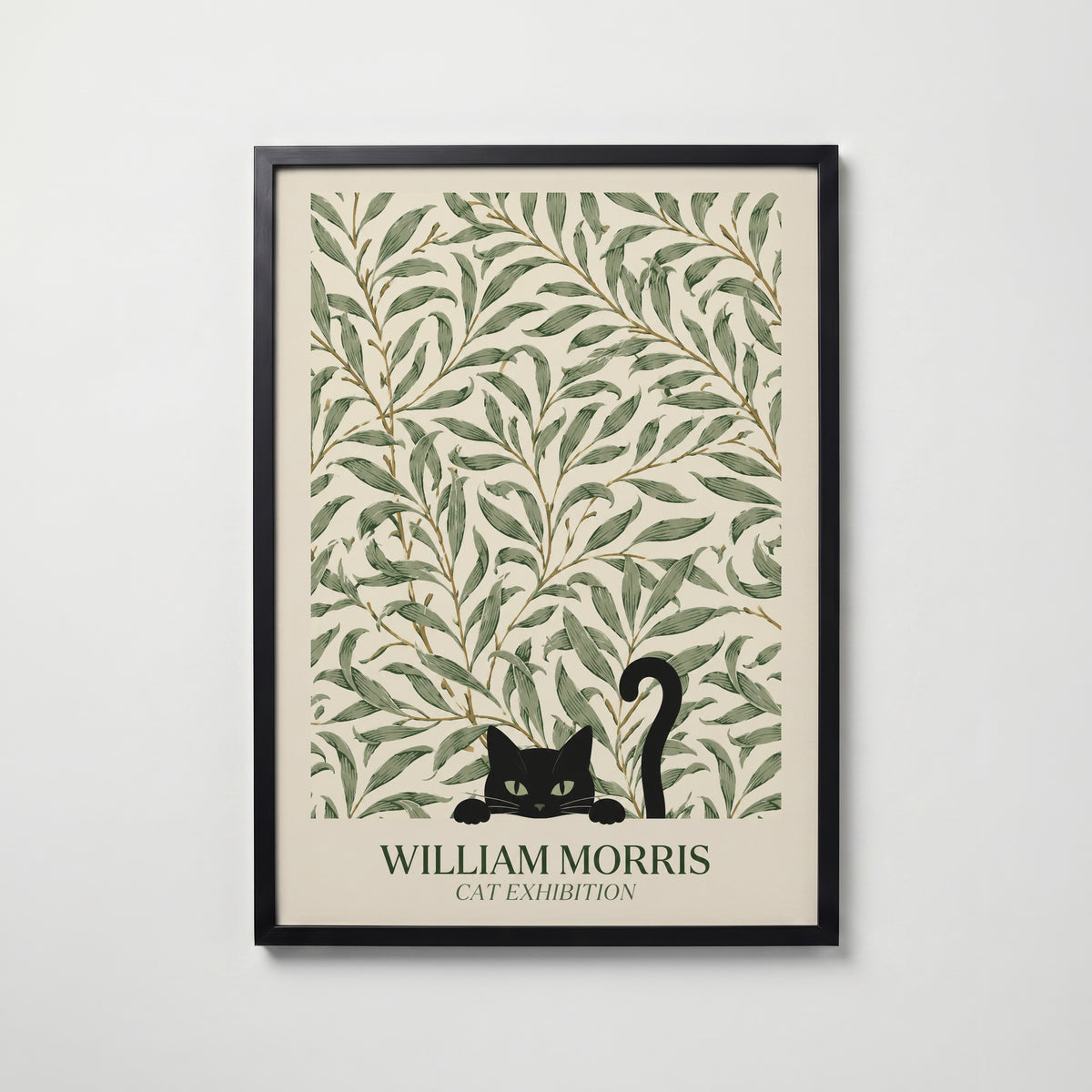 Cat in the Willow Bough William Morris Poster – svart katt i William Morris pilkvistmönster i kräm och grönt