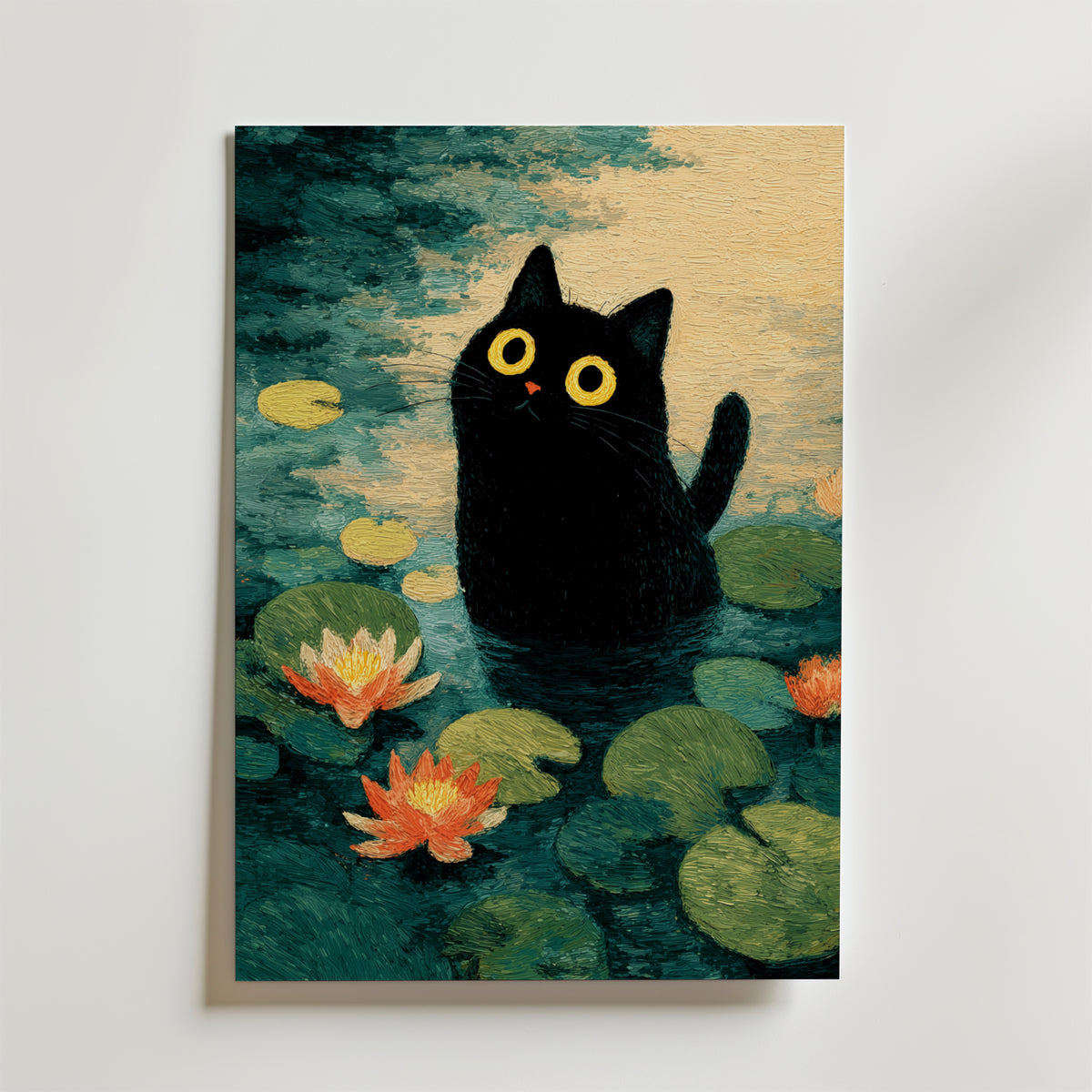 Lily Pond Cat – stilfullt konsttryck från Bozetto, tryckt på matt finpapper i hög tryckkvalitet