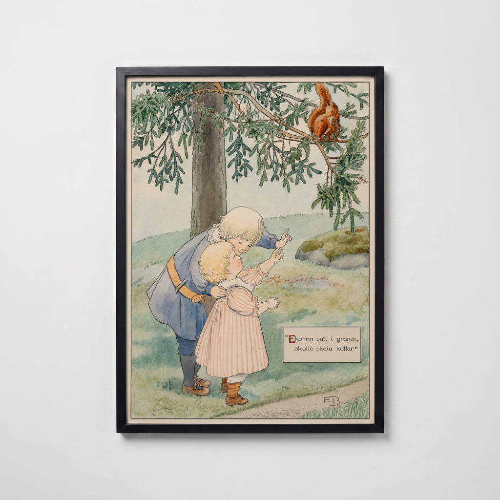 Elsa Beskow Ekorren i Granen affisch i modern svart ram – stark kontrast och stil, Bozetto