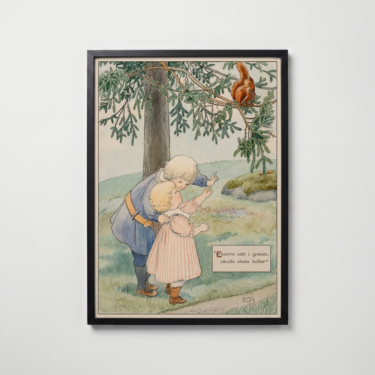 Elsa Beskow Ekorren i Granen affisch i modern svart ram – stark kontrast och stil, Bozetto
