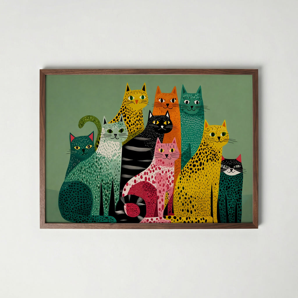 Colorful Cat Collective affisch på vit bakgrund – köp enkelt hos Bozetto i hög kvalitet
