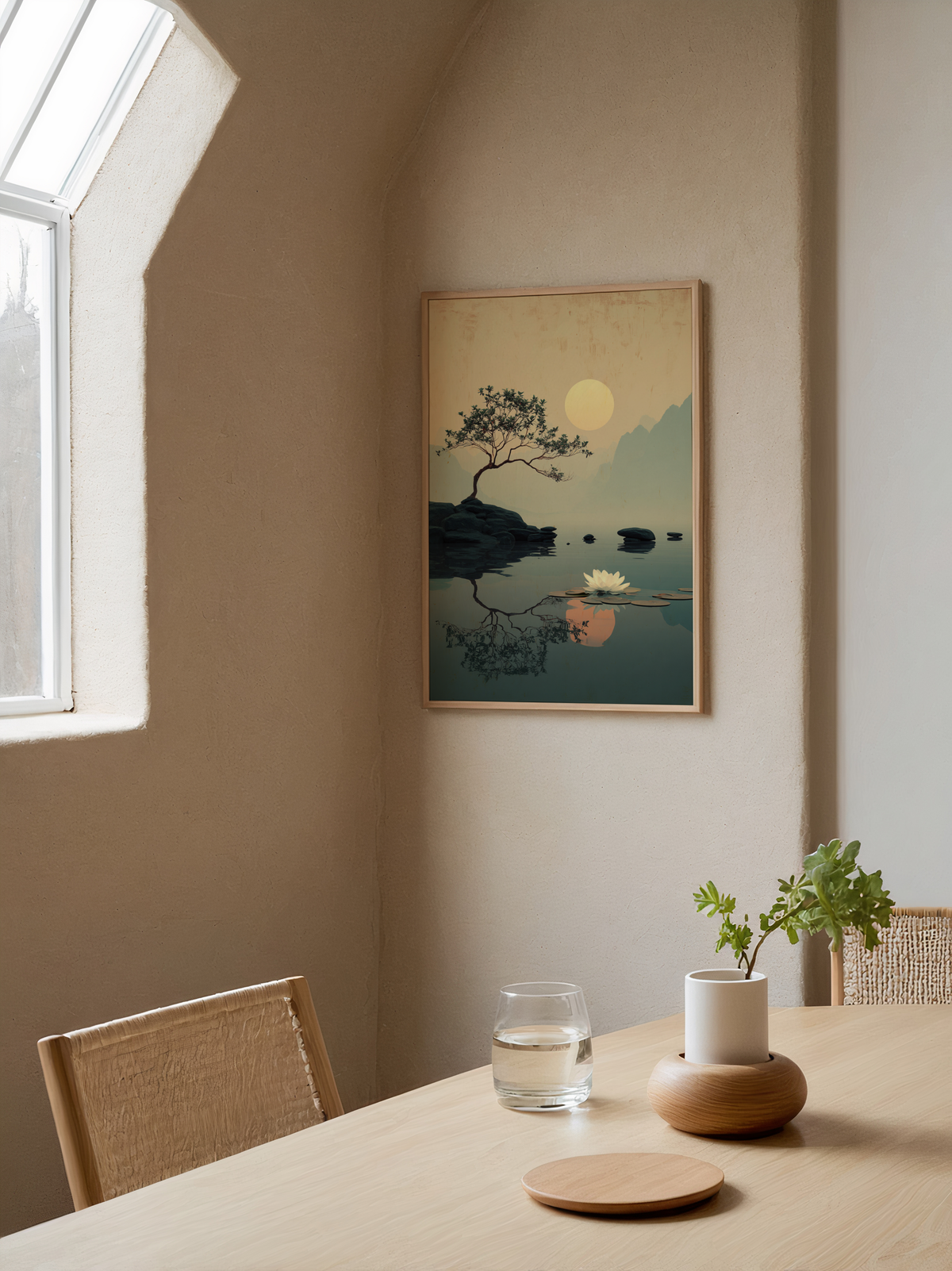 Mockup av Golden Stillness Lake affisch på vägg – köp enkelt hos Bozetto i hög kvalitet