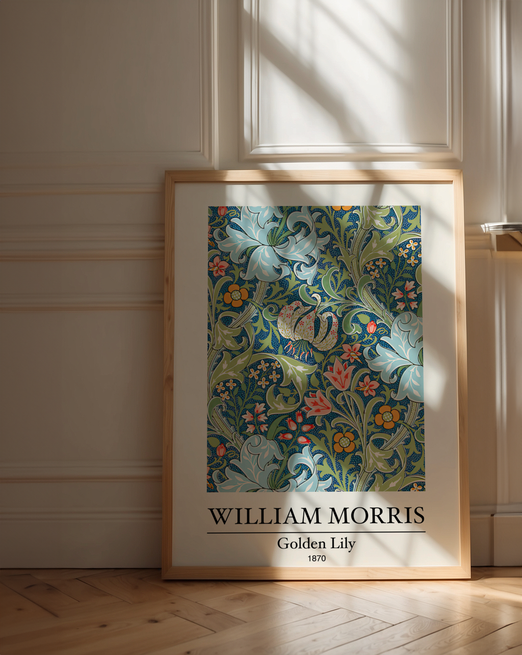 Mockup av William Morris Golden Lily affisch på vägg – köp enkelt hos Bozetto i hög kvalitet