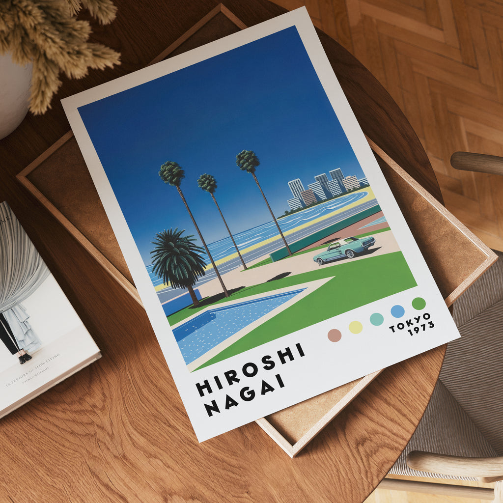 Väggmockup med Hiroshi Nagai Coastal City – köp enkelt hos Bozetto affisch i hög kvalitet