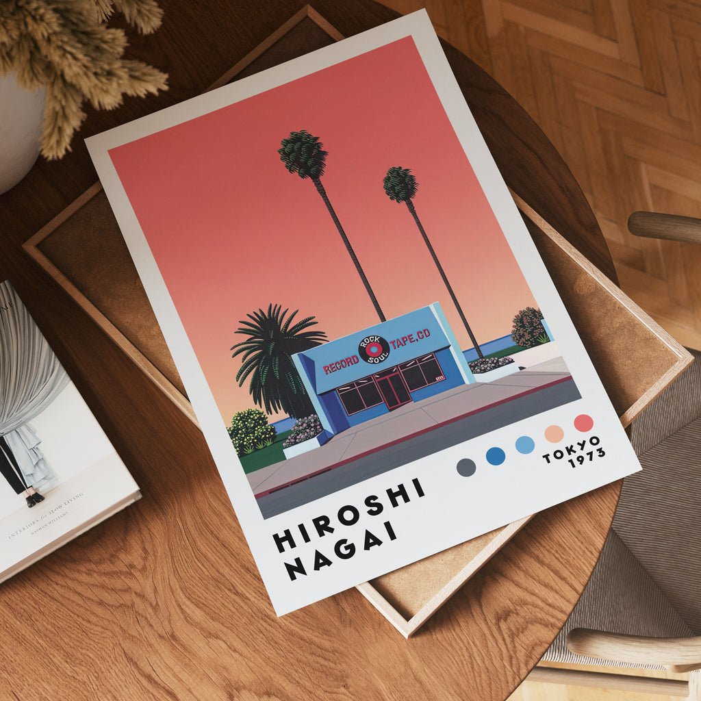 Väggmockup med Hiroshi Nagai Sunset Record – köp enkelt hos Bozetto affisch i hög kvalitet