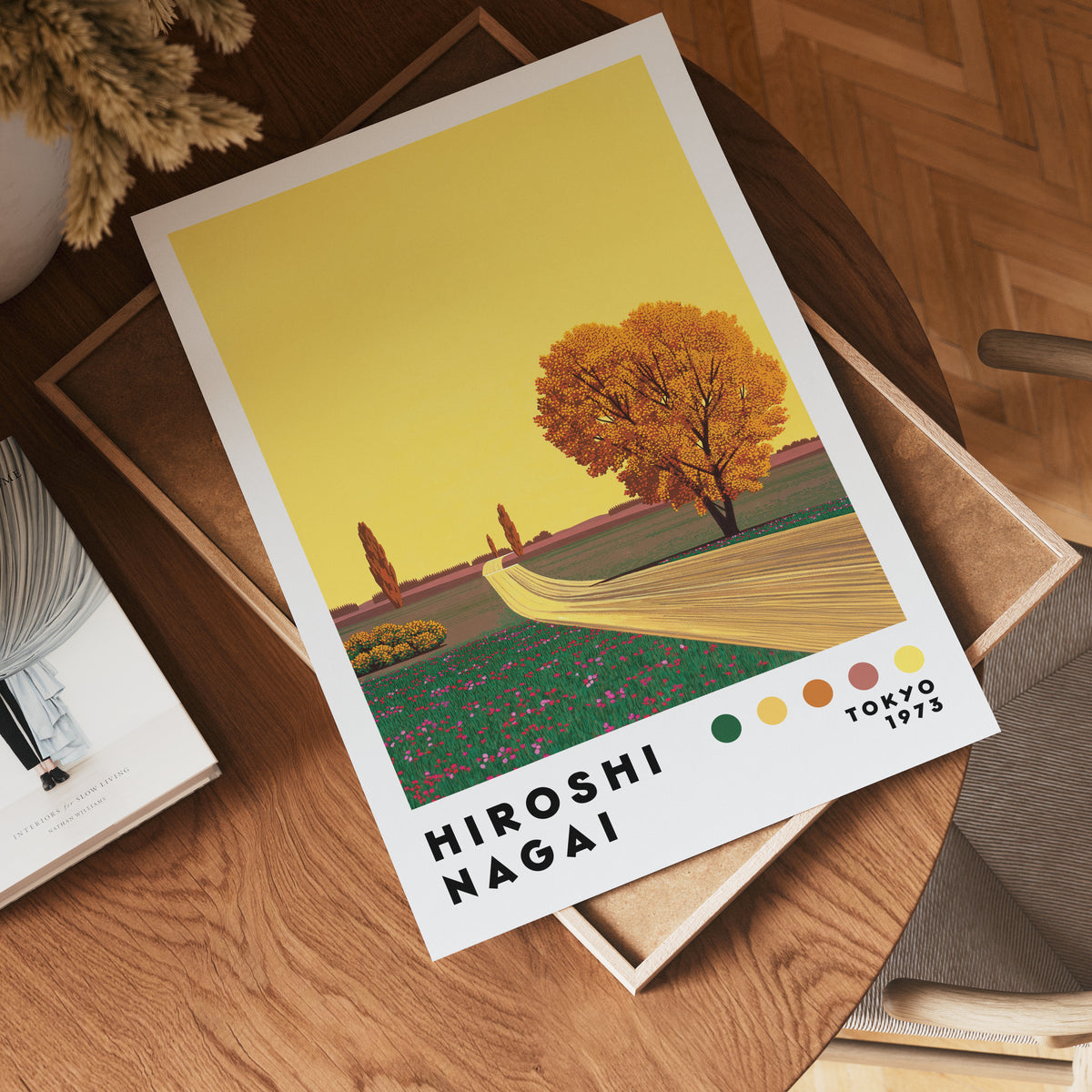 Väggmockup med Hiroshi Nagai Golden Road – köp enkelt hos Bozetto affisch i hög kvalitet