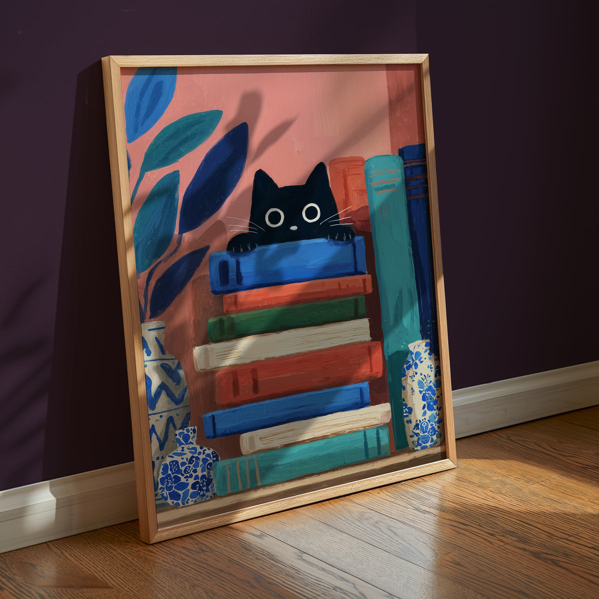Curious Book Cat konsttryck i ram i stilren miljö – inred med Bozetto