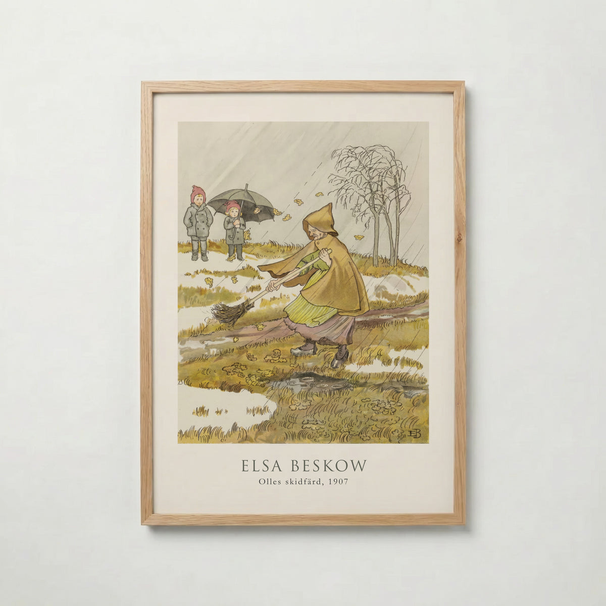 Elsa Beskow Olles Skidfärd 1907 affisch i ljus ekram med naturligt träutseende – Bozetto
