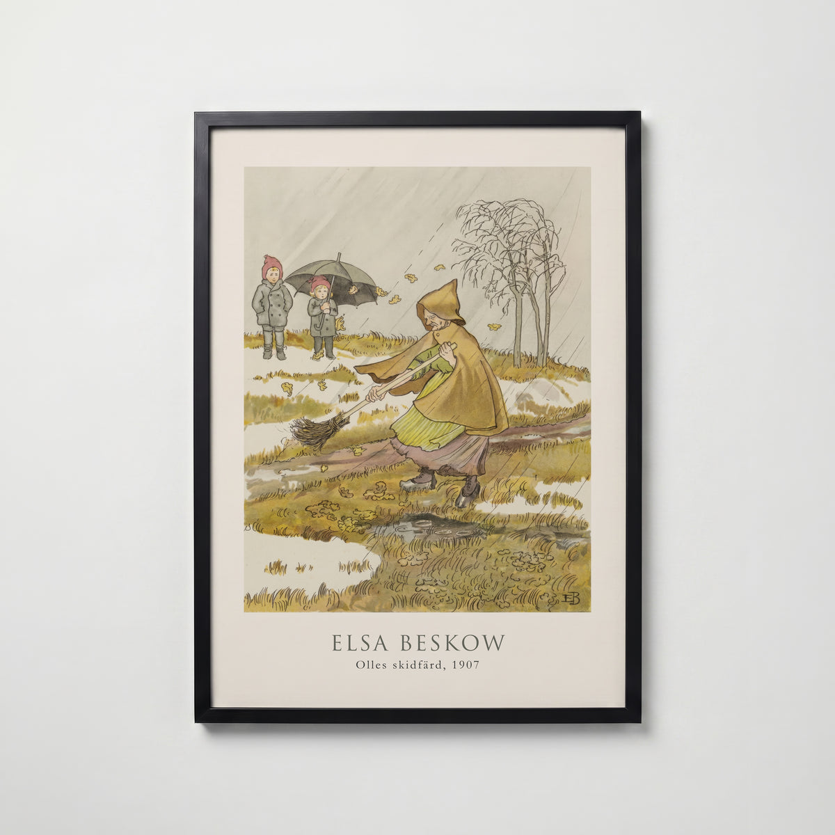 Elsa Beskow Olles Skidfärd 1907 affisch i modern svart ram – stark kontrast och stil, Bozetto