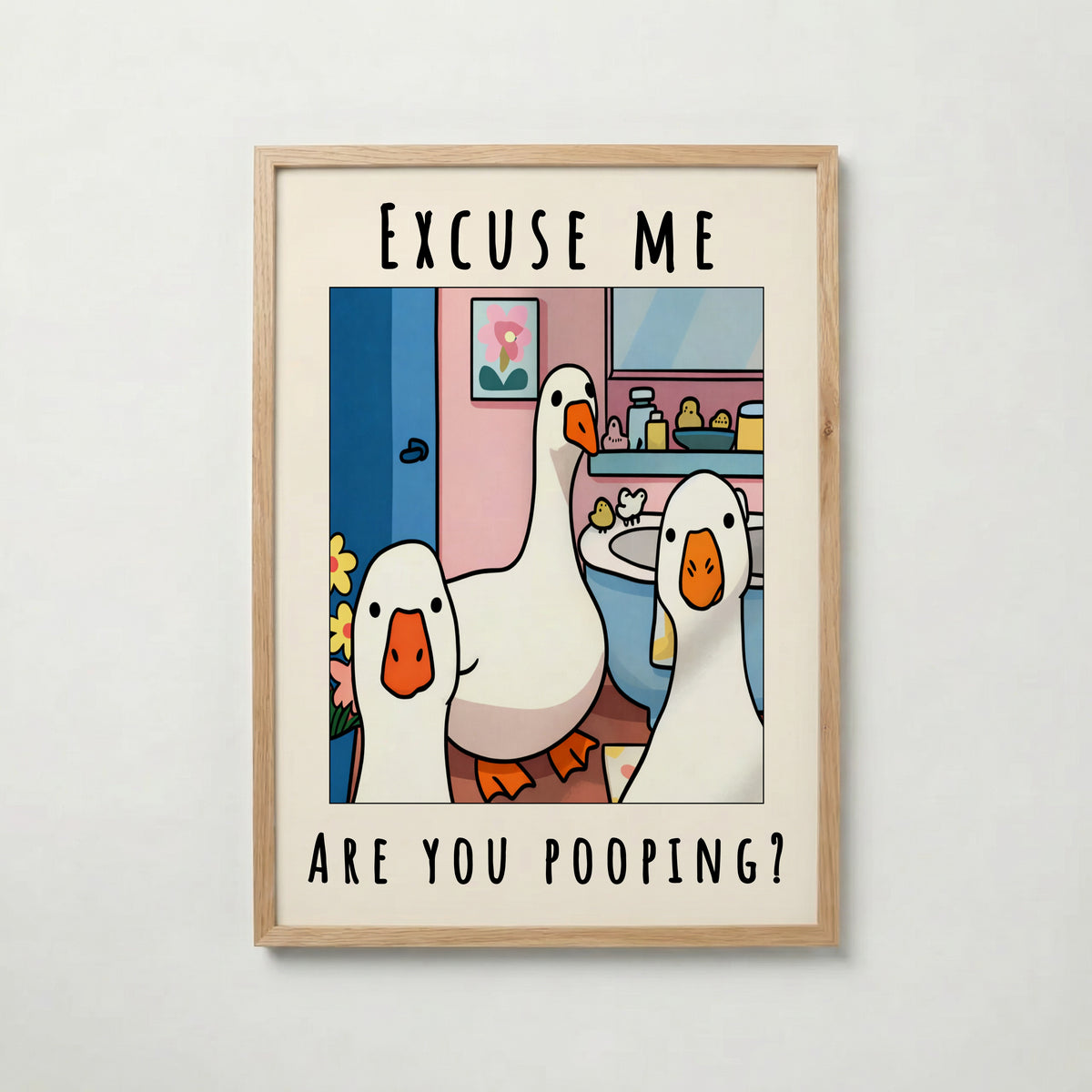 Excuse Me Bathroom Ducks – affisch med stilfullt motiv från Bozetto i hög kvalitet