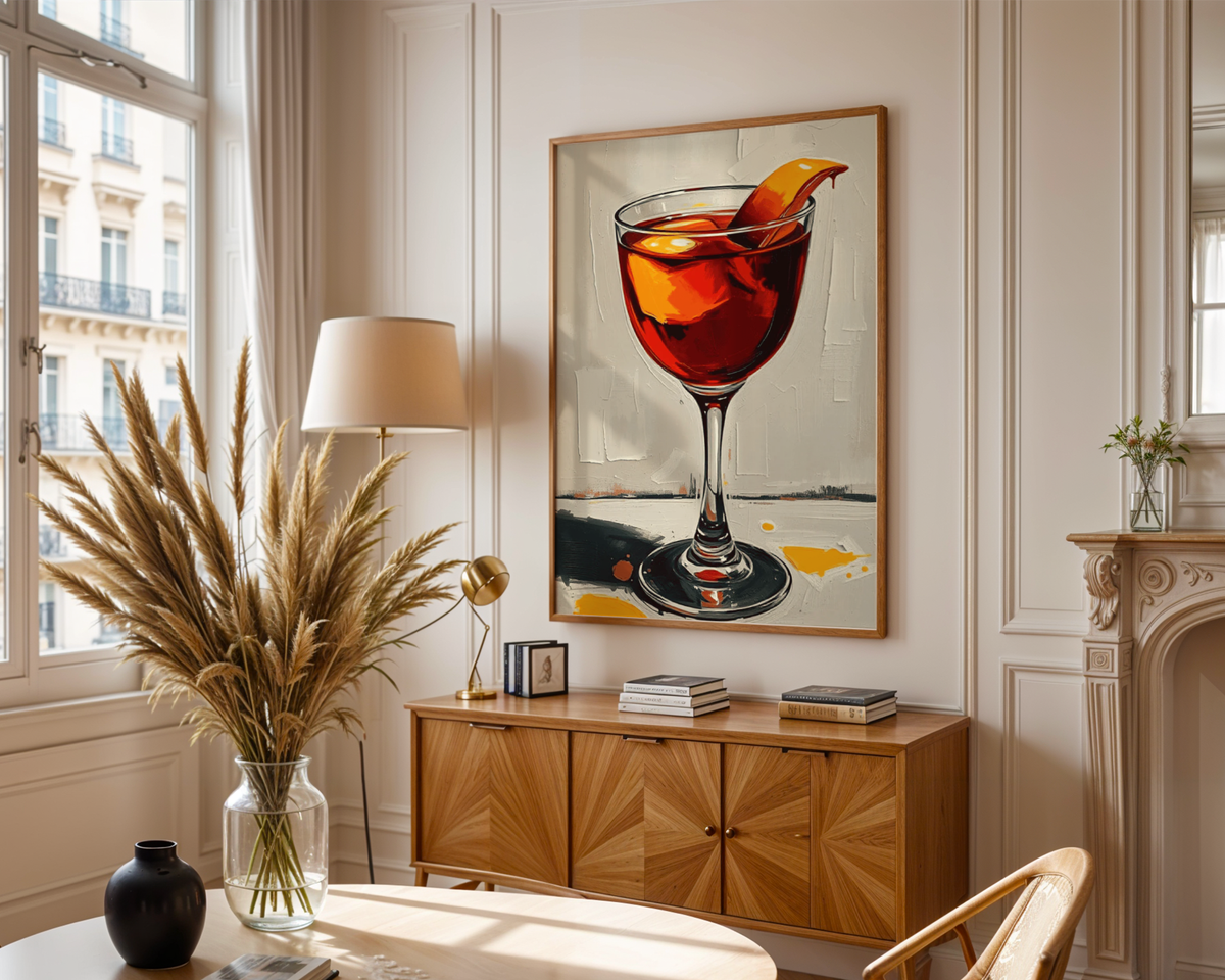 Mockup av Classic Negroni Drink affisch på vägg – köp enkelt hos Bozetto i hög kvalitet