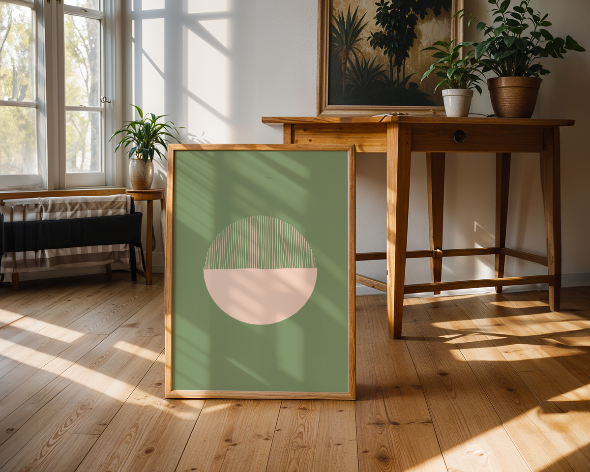 Väggmockup av Green Balance affisch på ljus tegelvägg – Bozetto konsttryck i hög tryckkvalitet
