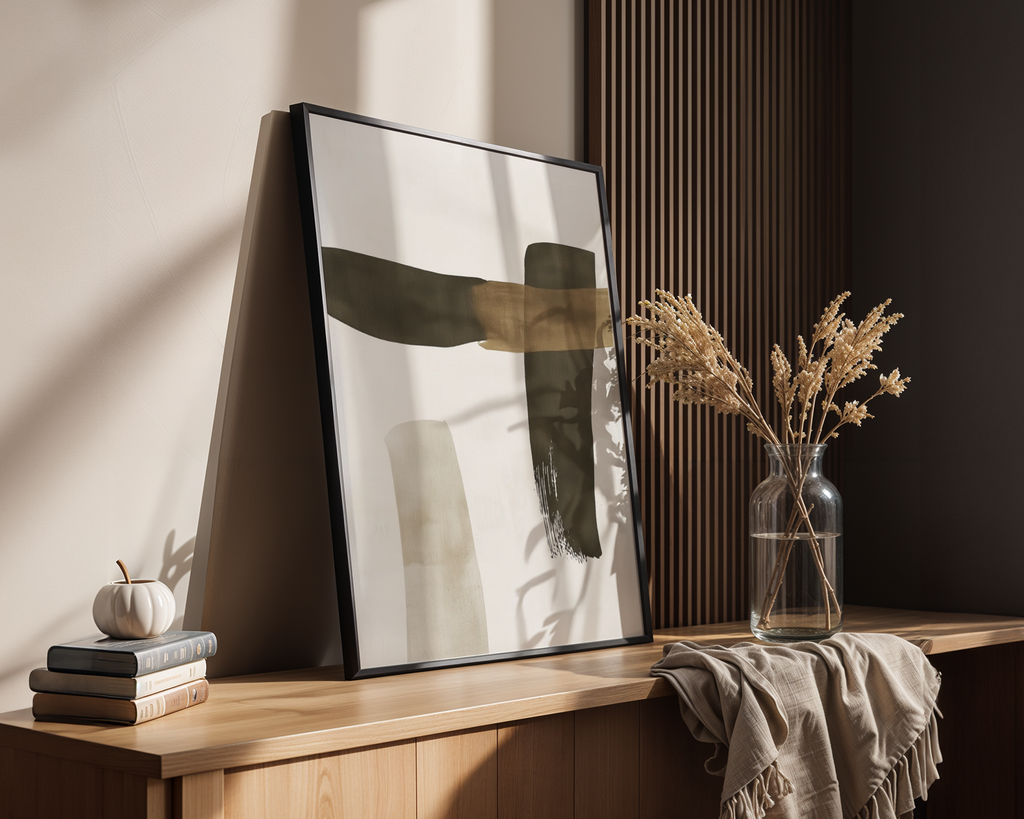 Mockup av Bold Brushstrokes affisch på vägg – köp enkelt hos Bozetto i hög kvalitet