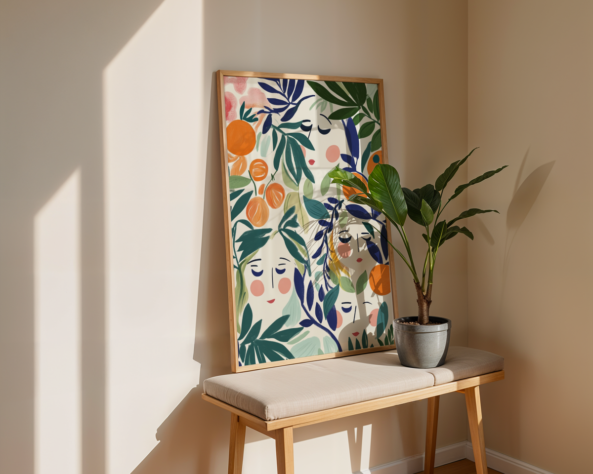 Mockup av Faces in Bloom affisch på vägg – köp enkelt hos Bozetto i hög kvalitet