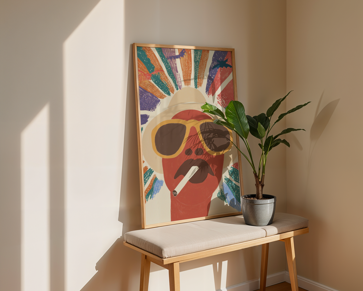 Mockup av Fear and Loathing Retro affisch på vägg – köp enkelt hos Bozetto i hög kvalitet