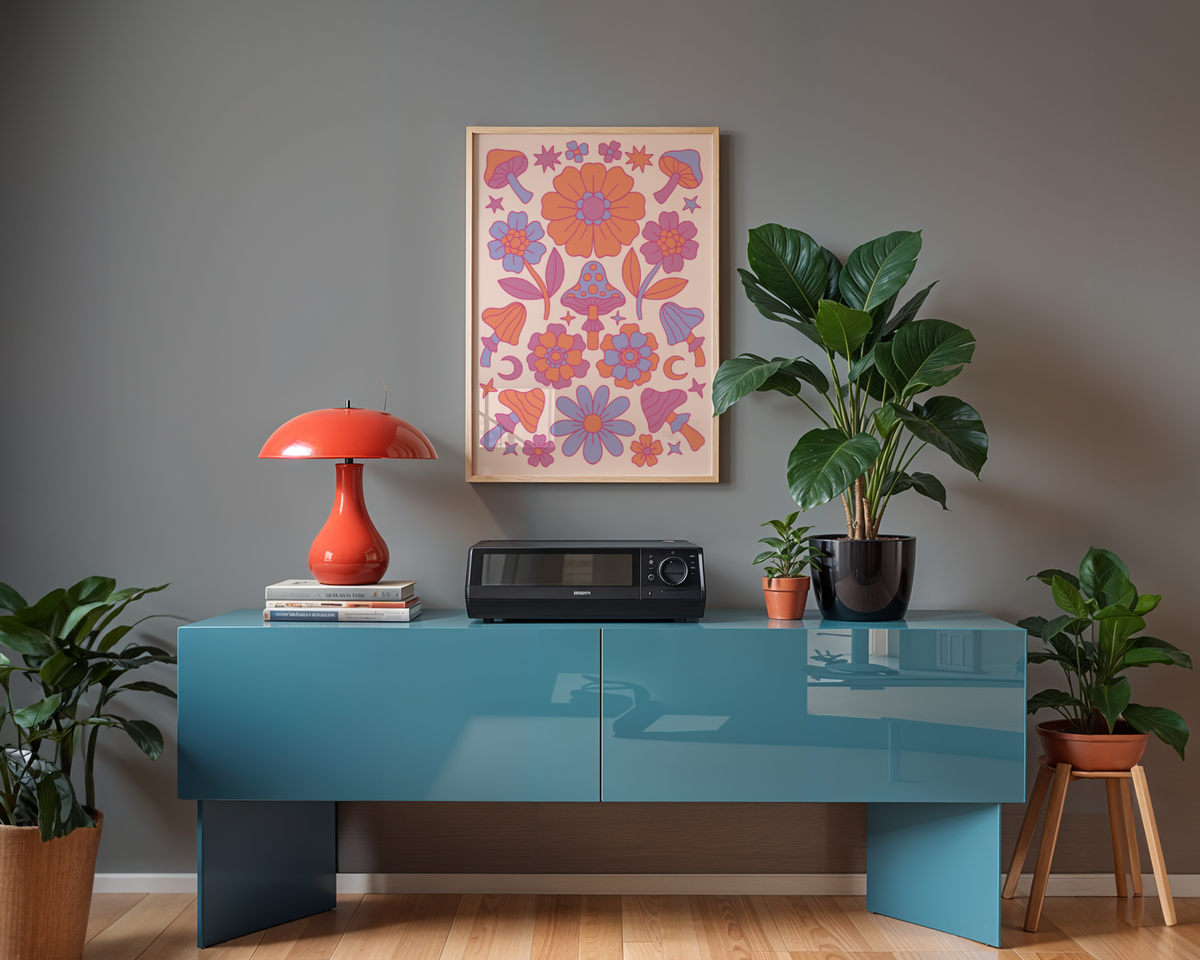 Mockup av Pink Psychedelic Flowers affisch på vägg – köp enkelt hos Bozetto i hög kvalitet