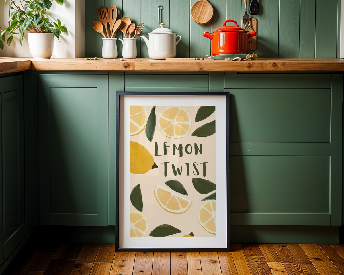 Lemon Twist poster visualiserad på vägg – se rätt storlek med mockup från Bozetto