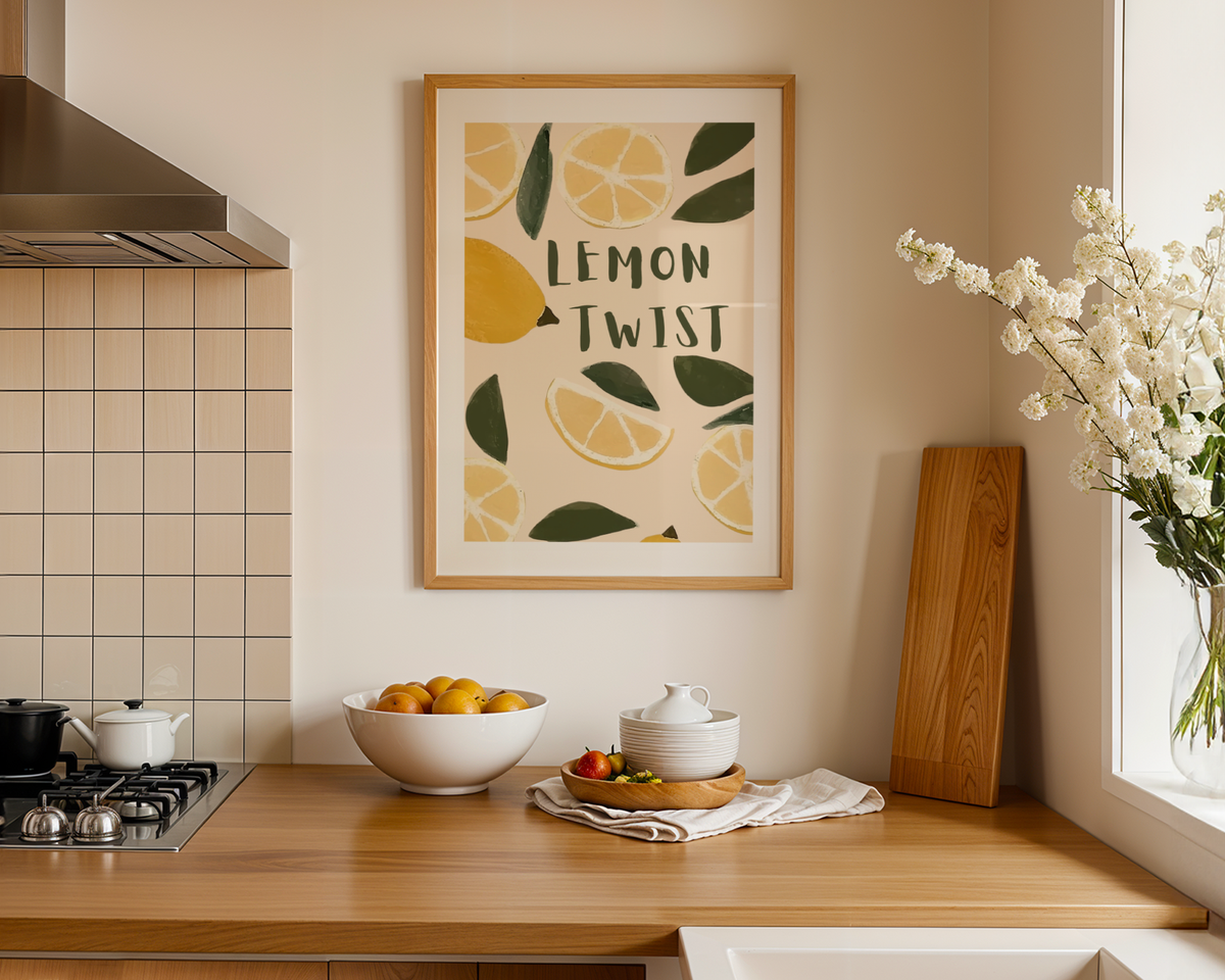 Väggmockup av Lemon Twist affisch på ljus tegelvägg – Bozetto konsttryck i hög tryckkvalitet