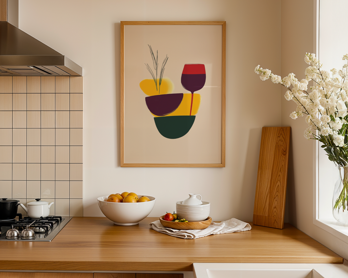 Mockup av Stacked Wine & Shapes affisch på vägg – köp enkelt hos Bozetto i hög kvalitet