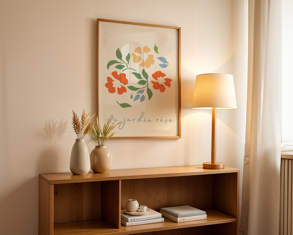 Mockup av Le Jardin Reve Flower affisch på vägg – köp enkelt hos Bozetto i hög kvalitet