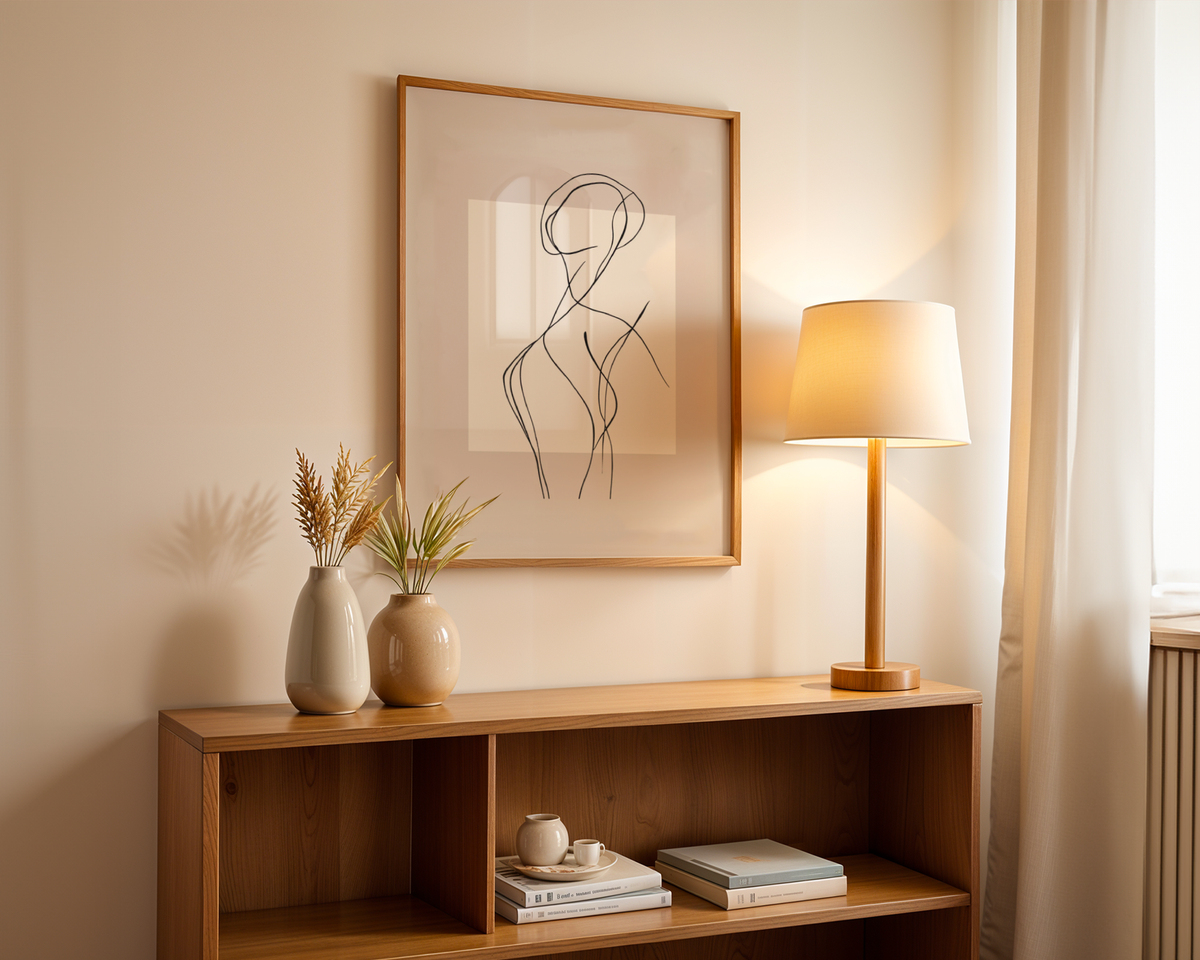 Mockup av Curvy Line Art Woman affisch på vägg – köp enkelt hos Bozetto i hög kvalitet