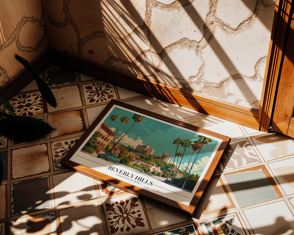 Väggmockup av Beverly Hills affisch på ljus tegelvägg – Bozetto konsttryck i hög tryckkvalitet