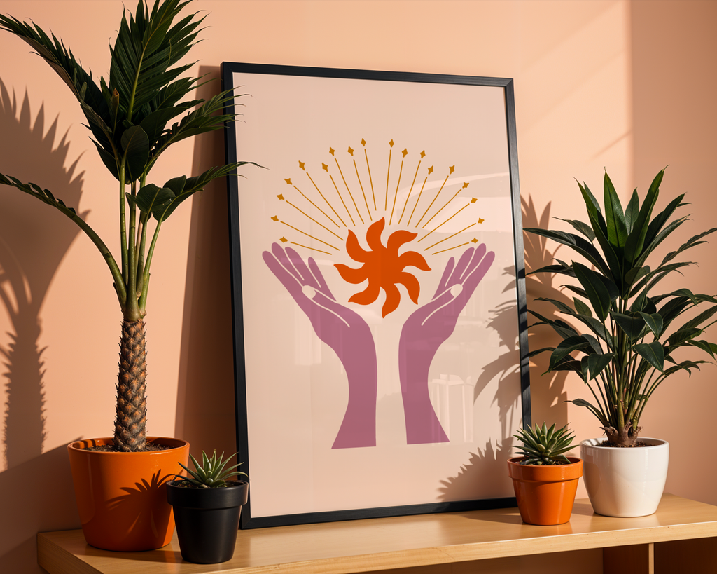 Mockup av Celestial Bloom Hands affisch på vägg – köp enkelt hos Bozetto i hög kvalitet
