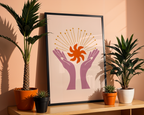 Mockup av Celestial Bloom Hands affisch på vägg – köp enkelt hos Bozetto i hög kvalitet