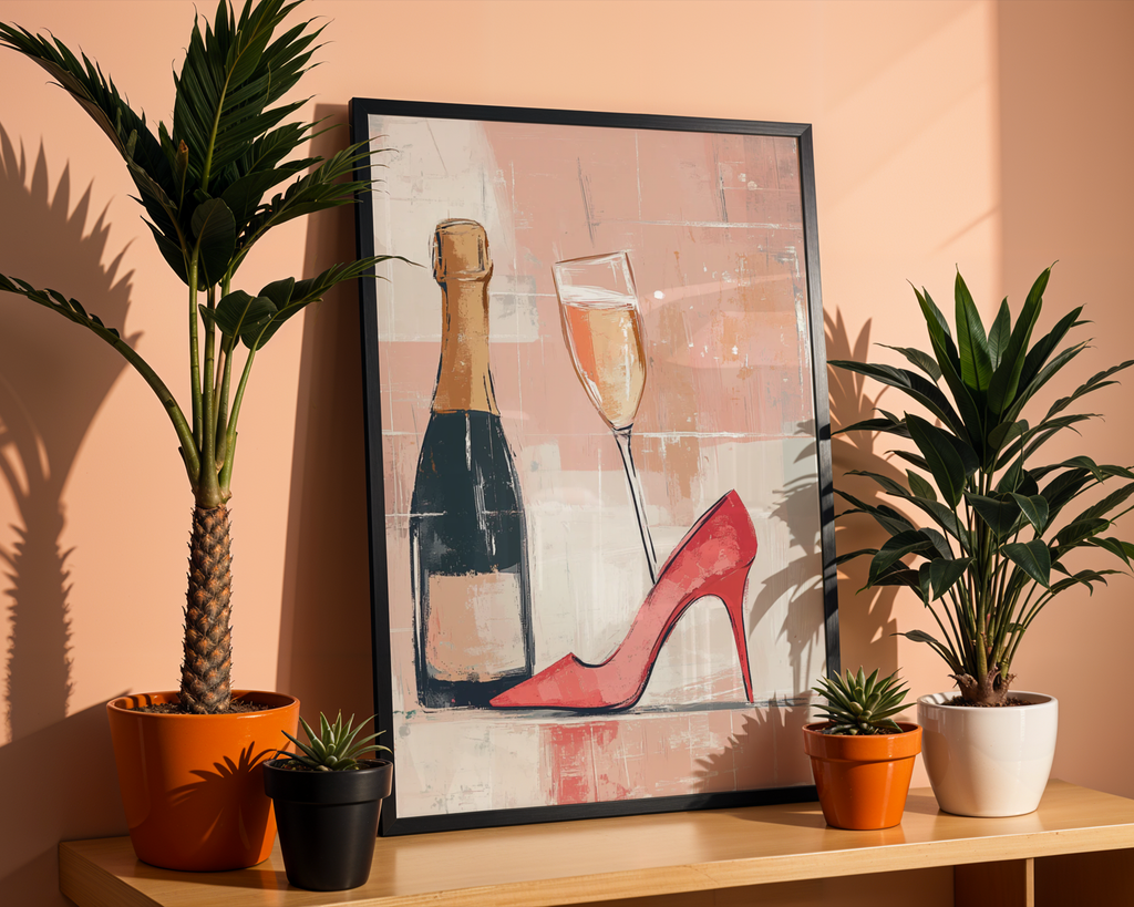 Mockup av Champagne & Couture affisch på vägg – köp enkelt hos Bozetto i hög kvalitet