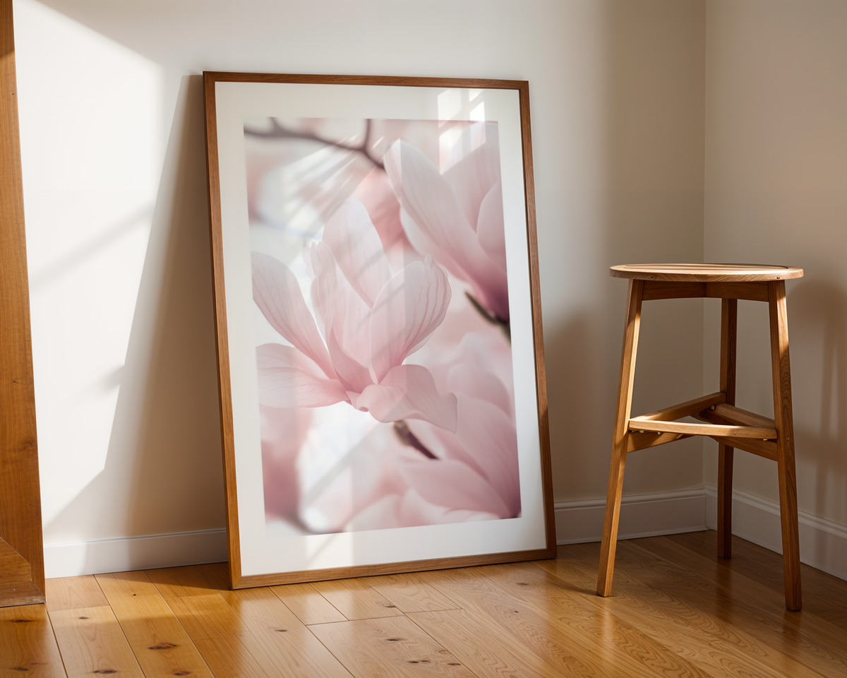 Mockup av Blush Pink in Bloom affisch på vägg – köp enkelt hos Bozetto i hög kvalitet