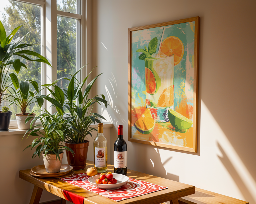 Mockup av Golden Citrus Fizz affisch på vägg – köp enkelt hos Bozetto i hög kvalitet