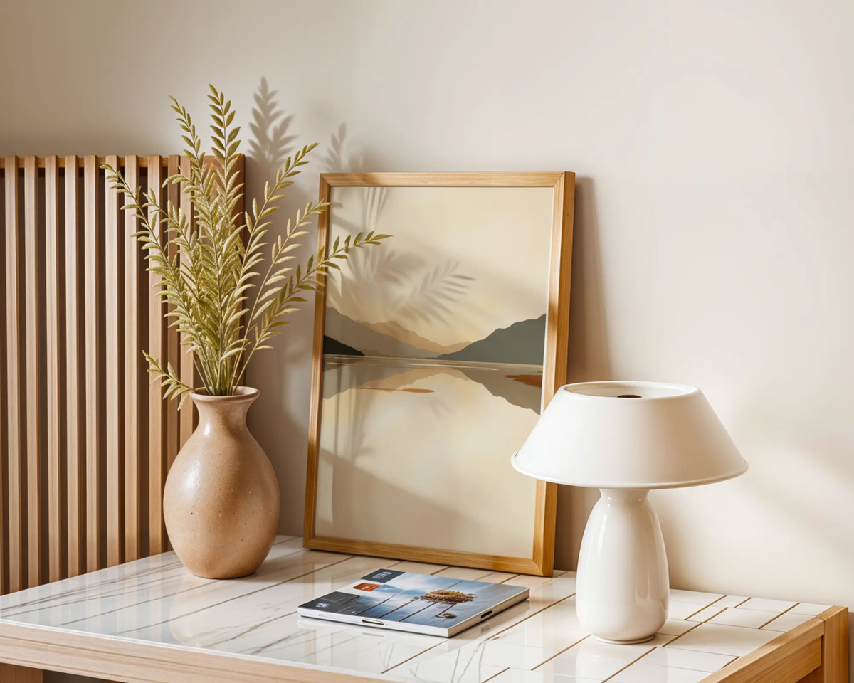 Mockup av Silent Reflections affisch på vägg – köp enkelt hos Bozetto i hög kvalitet