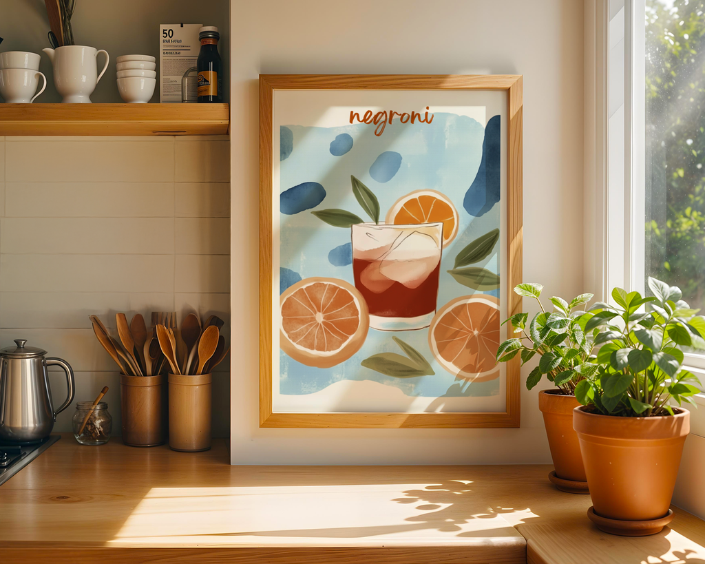 Mockup av Negroni No.3 Drink affisch på vägg – köp enkelt hos Bozetto i hög kvalitet
