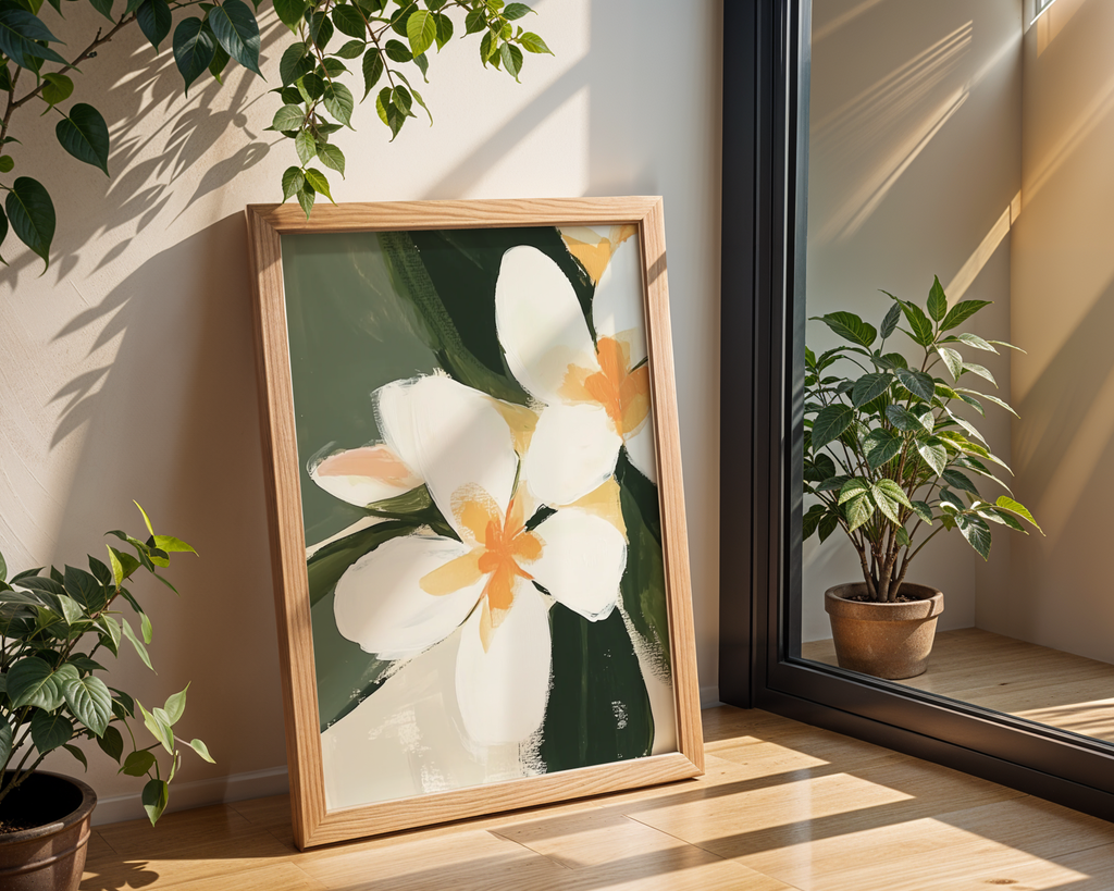 Mockup av White Rose Bloom affisch på vägg – köp enkelt hos Bozetto i hög kvalitet