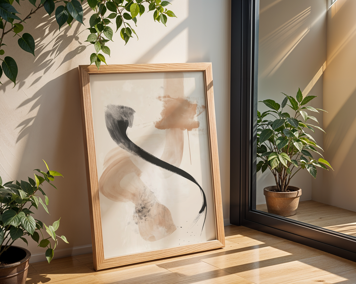 Kinetic Brush poster visualiserad på vägg – se rätt storlek med mockup från Bozetto