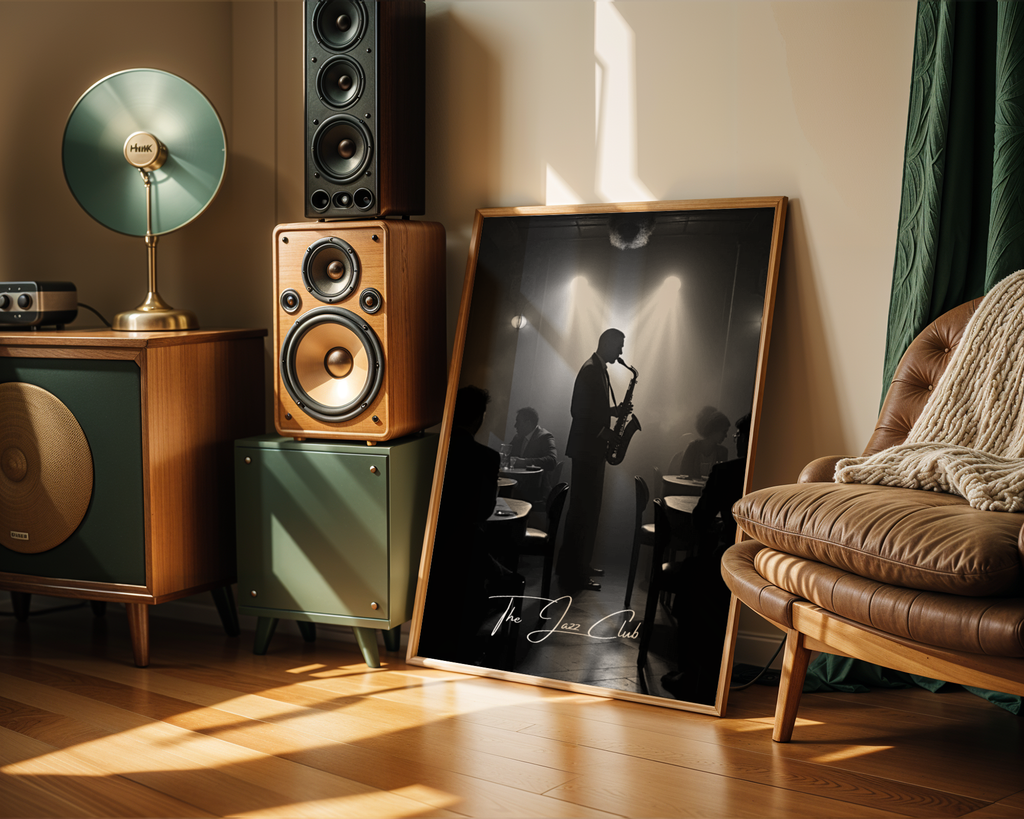 Väggmockup av The Jazz Club affisch på ljus tegelvägg – Bozetto konsttryck i hög tryckkvalitet
