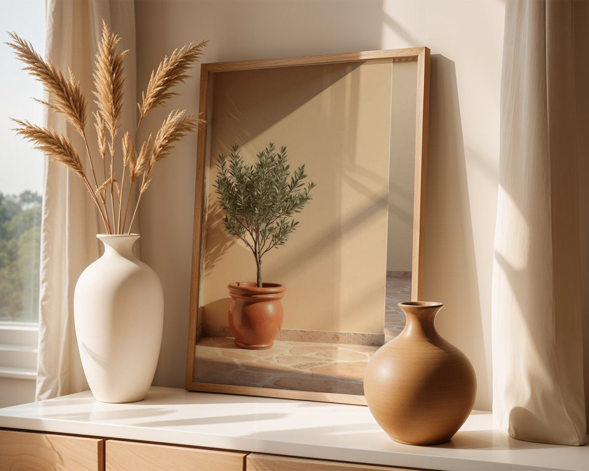 Mockup av Terracotta planter with affisch på vägg – köp enkelt hos Bozetto i hög kvalitet