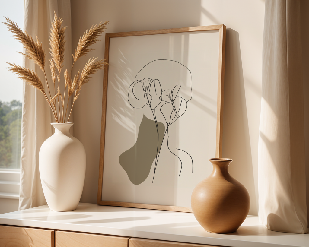 Mockup av Floral Face Silhouette affisch på vägg – köp enkelt hos Bozetto i hög kvalitet