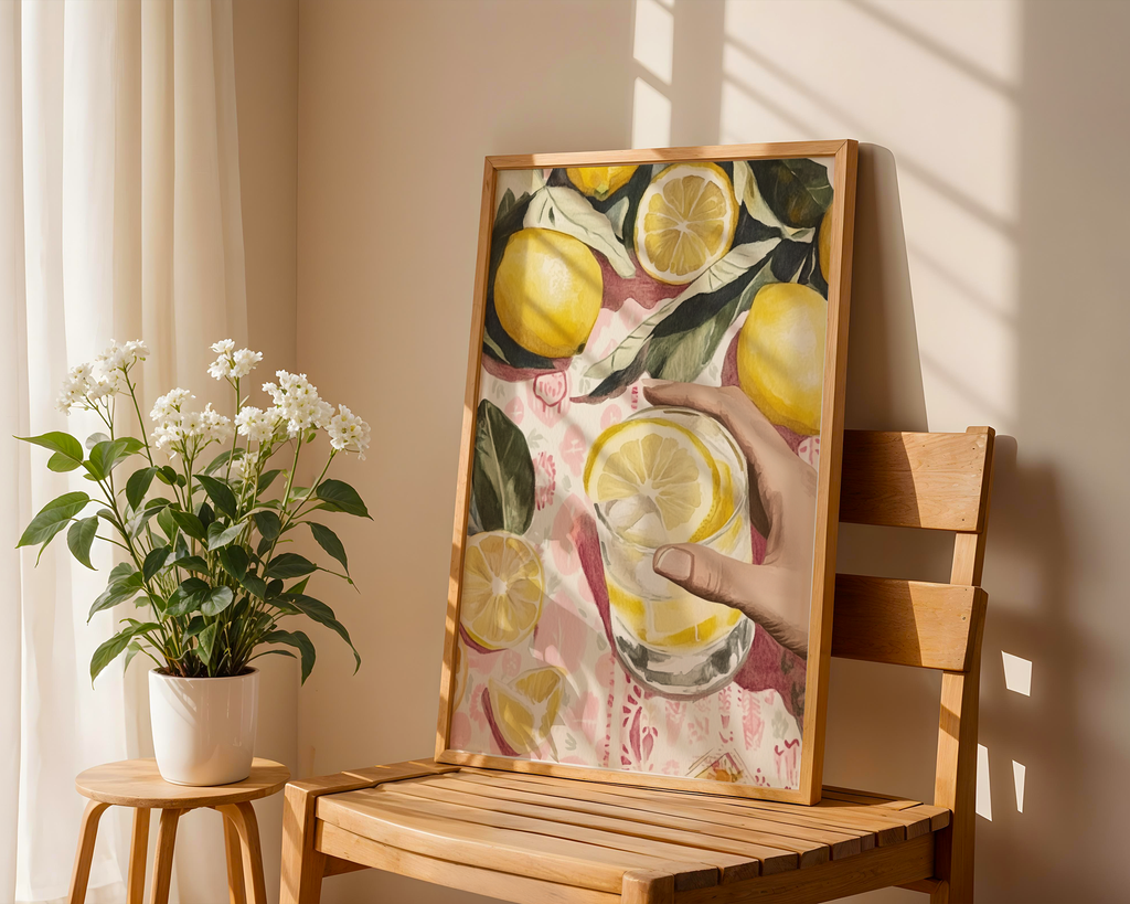 Väggmockup av Lemon Delight Drink affisch på ljus vägg – Bozetto konsttryck – nr 3