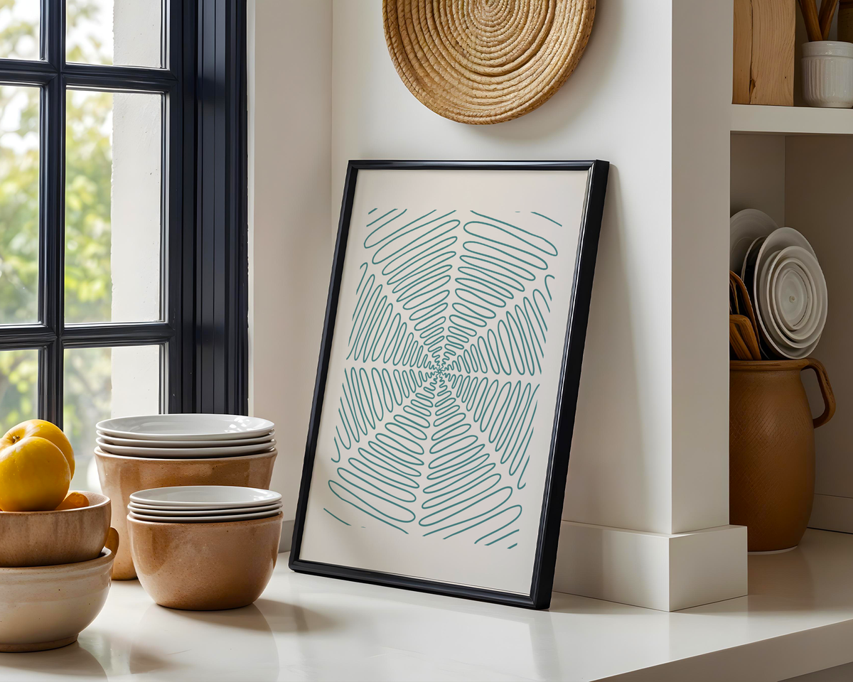 Mockup av Teal Spiral Symmetry affisch på vägg – köp enkelt hos Bozetto i hög kvalitet