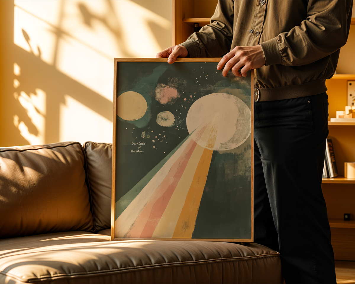 Mockup av Dark Side of the Moon affisch på vägg – köp enkelt hos Bozetto i hög kvalitet