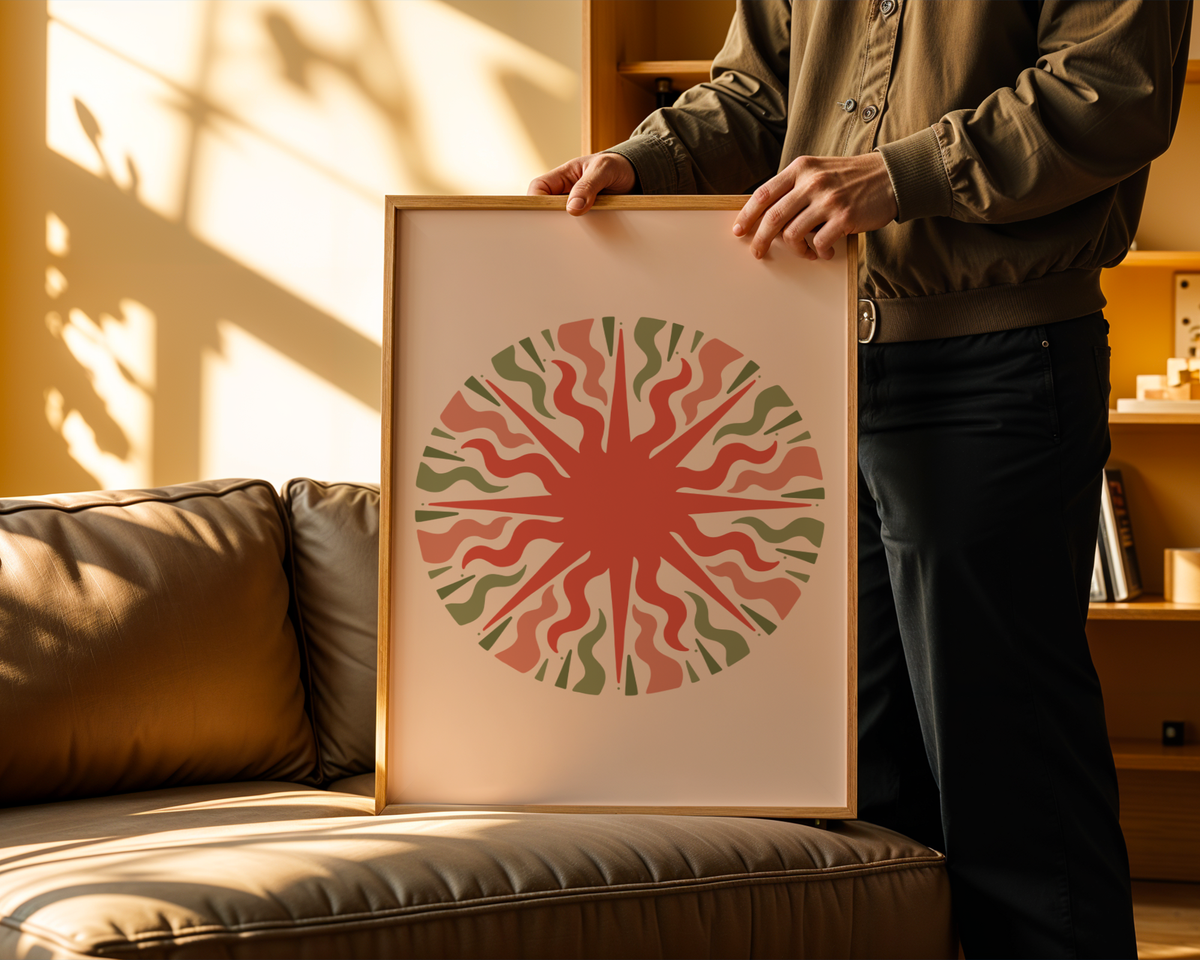 Mockup av Organic Pulse Circle affisch på vägg – köp enkelt hos Bozetto i hög kvalitet