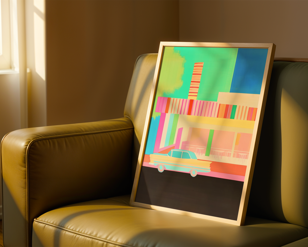 Mockup av Neon Diner Daydream affisch på vägg – köp enkelt hos Bozetto i hög kvalitet