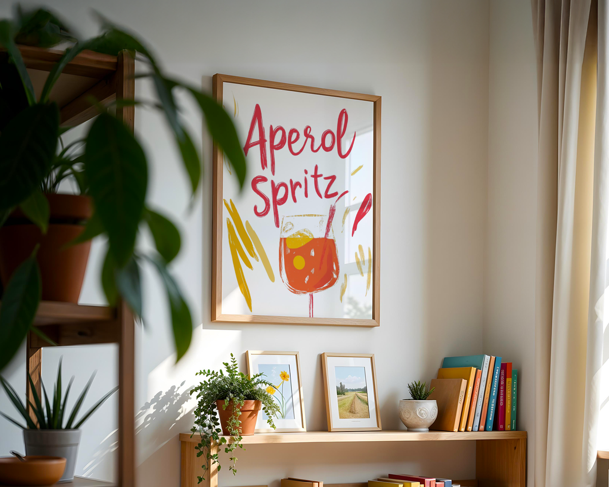 Väggmockup av Retro Aperol affisch på ljus tegelvägg – Bozetto konsttryck i hög tryckkvalitet