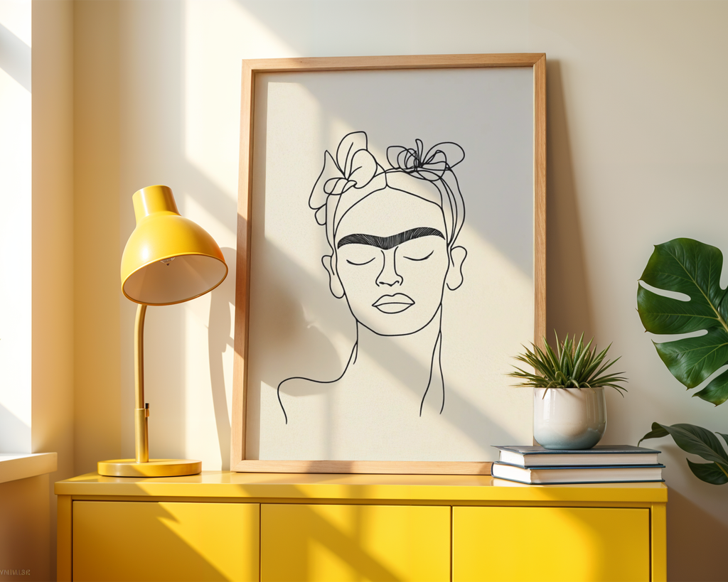 Mockup av Frida Inspired Line Art No.2 affisch på vägg – köp enkelt hos Bozetto i hög kvalitet